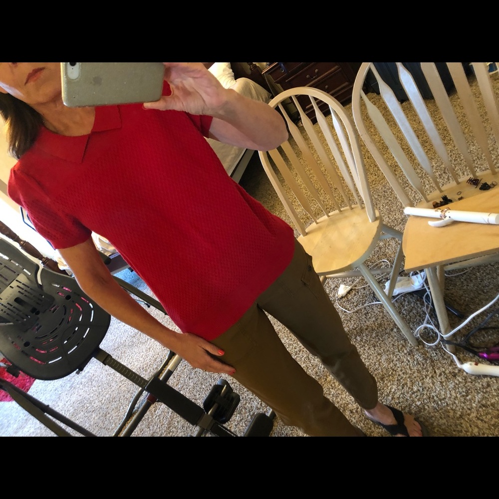 Bright red women’s sweater.  Size M.  Some texture.  Peter Pan collar.